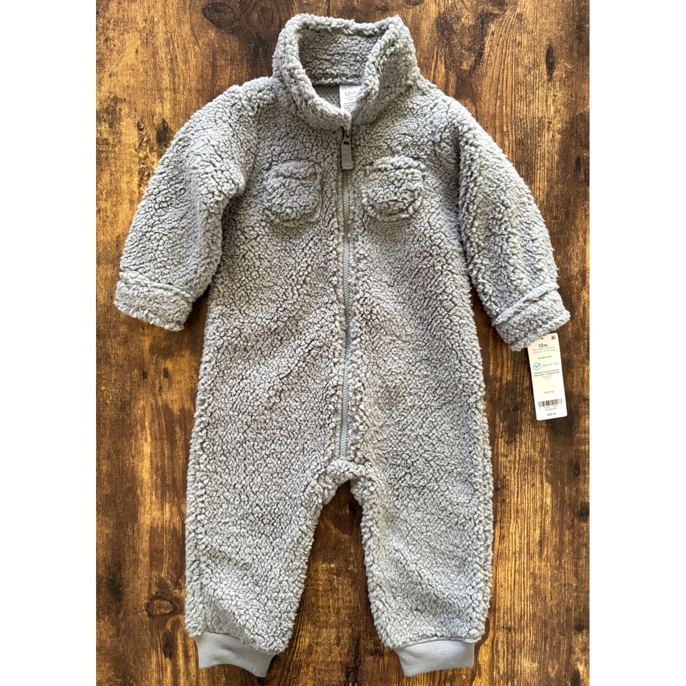 Carters Infant Grey Sherpa Fleece Full Zip Jumpsuit 12M Pram Suit
